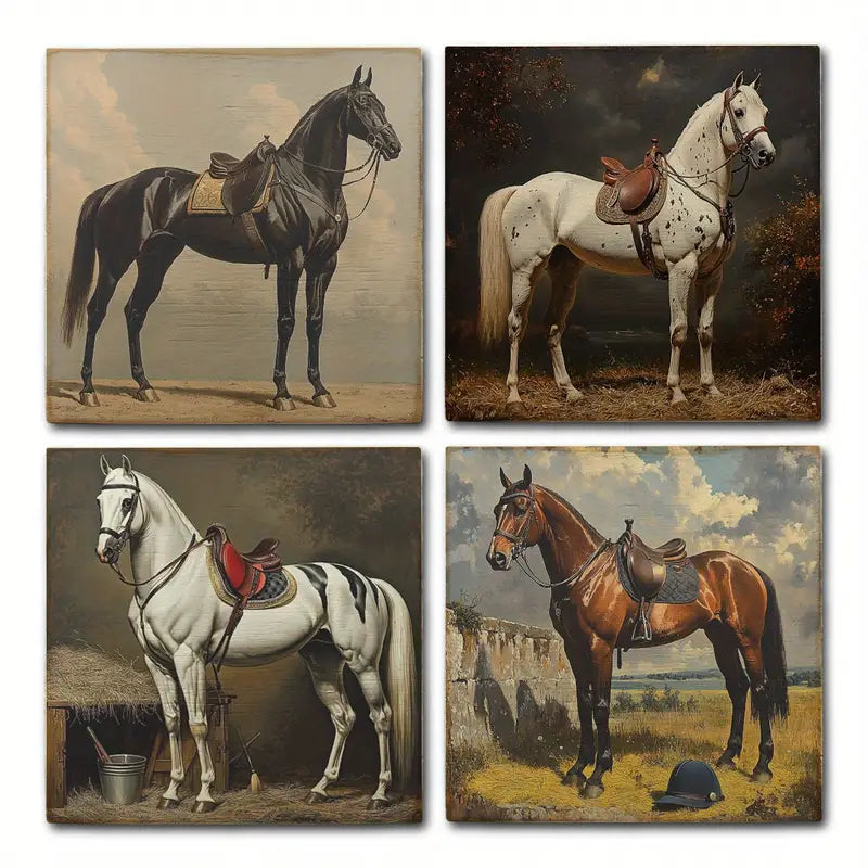 4pcs Horse Black,White And Brown Wall Art Canvas Framed