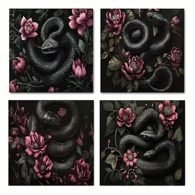 4pcs  Black snake flowe Elegant Modern   Wall Art Canvas Framed