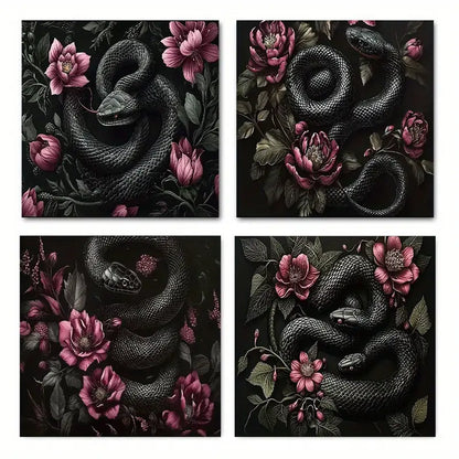 4pcs  Black snake flowe Elegant Modern   Wall Art Canvas Framed