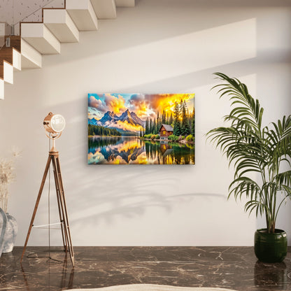 Golden Hour Sky Lake Wooden House Wall Art Decor 100% Australian Made