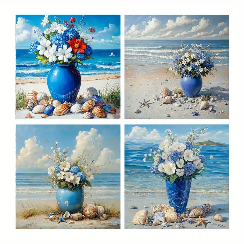 4pcs Vase Poster, Seaside Decorative Wall Art Canvas Framed