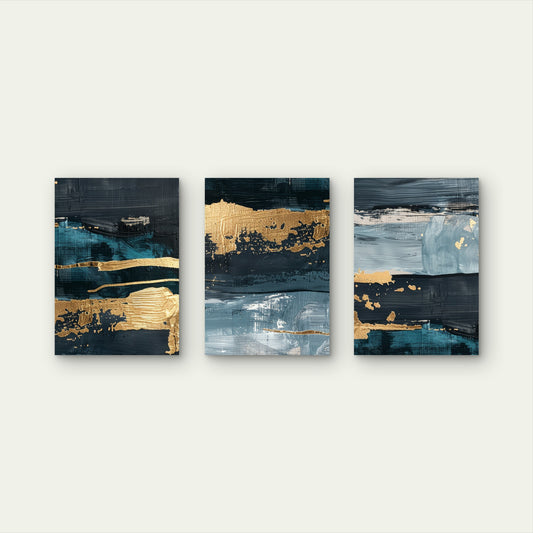 3pcs Navy Teal Gold Foil Metallic Luxe Shimmer Wall Art Set Canvas Framed 50x70cm - High Quality Print 100% Australian Made Wall Canvas Ready to Hang
