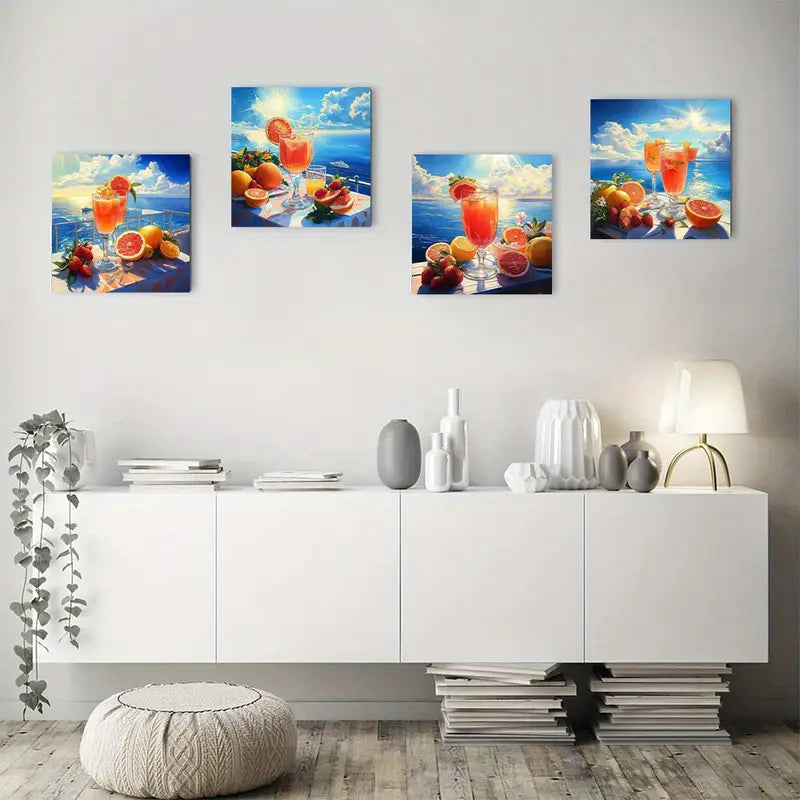 4pcs Seaside Mixed Juice Grapefrui Wall Art Canvas Framed