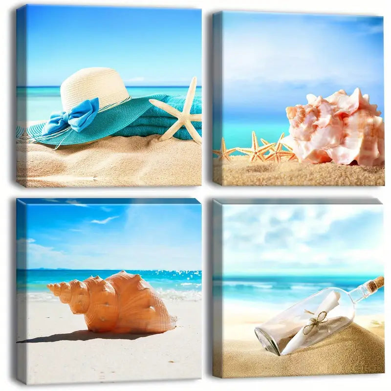 4pcsVibrant Ocean & Sand Designs Wall Art Canvas Framed