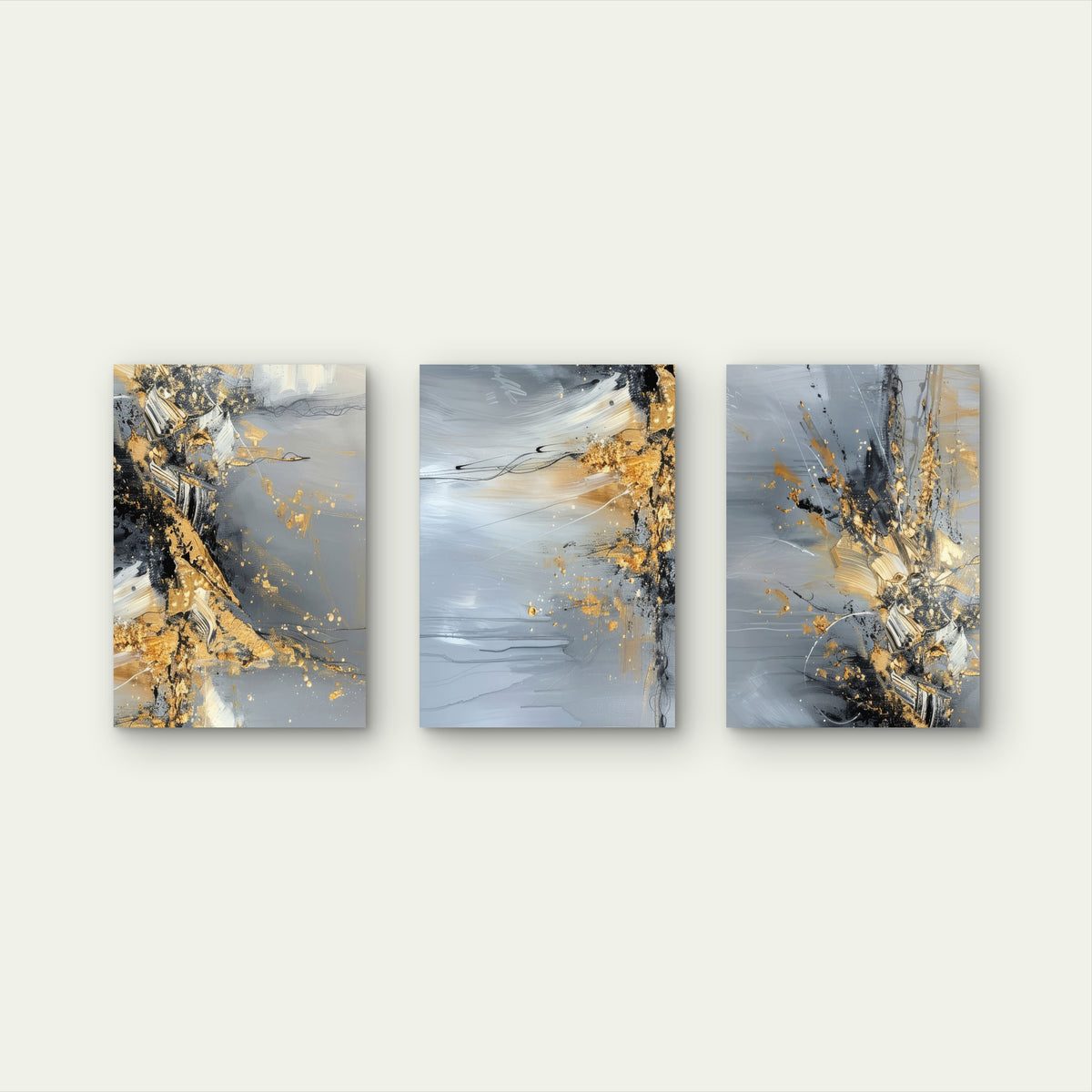 3pcs Modern Gold Grey Black Abstract Metal Print Ready to Hang Art