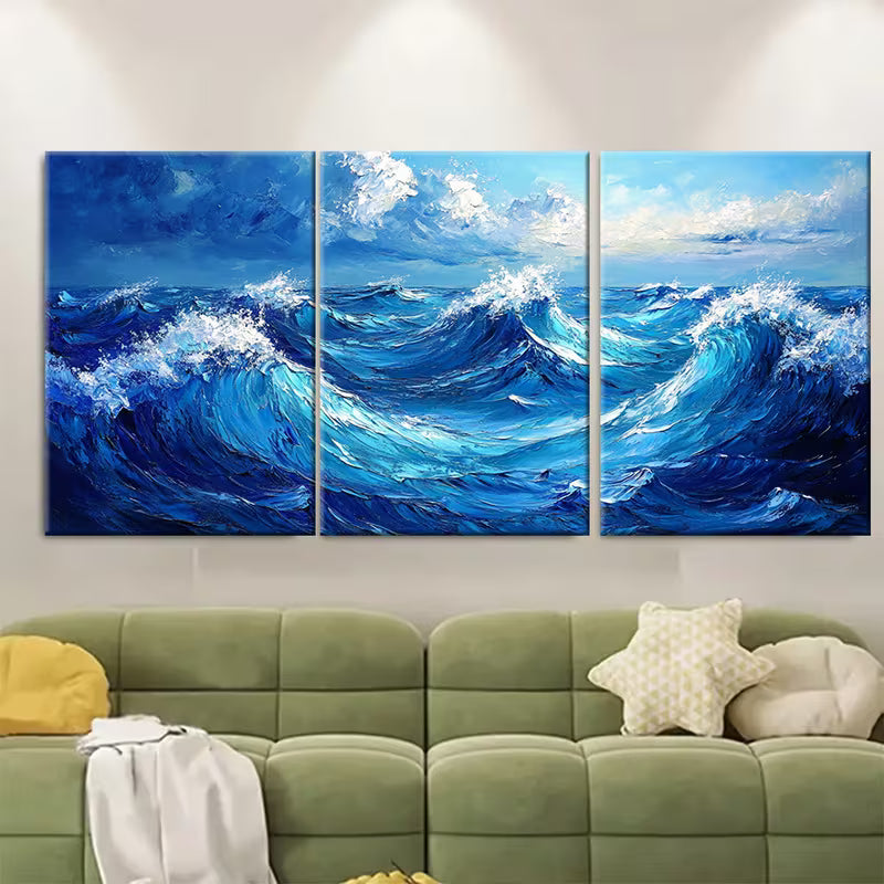 3pcs Abstract Blue Sea Wave Metal Print Ready to Hang Art