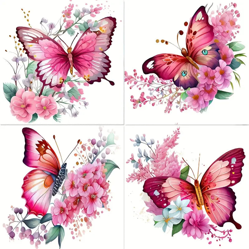4pcs Pink Butterflys  Wall Art Canvas Framed