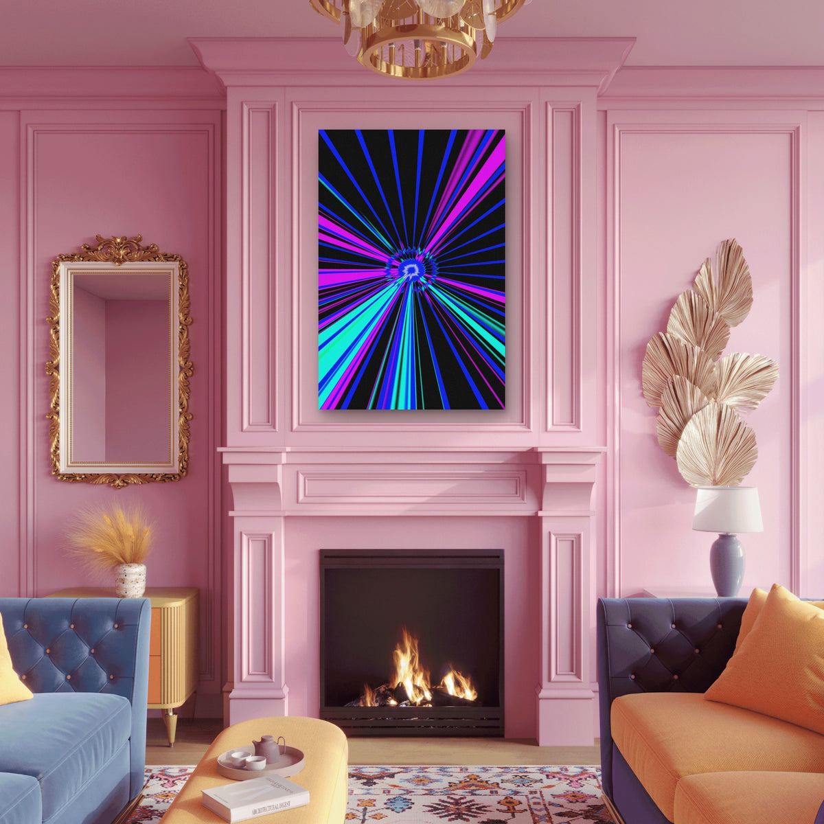 Digital Abstract with Neon Light Rays 60x90cm Metal Print Ready to Hang