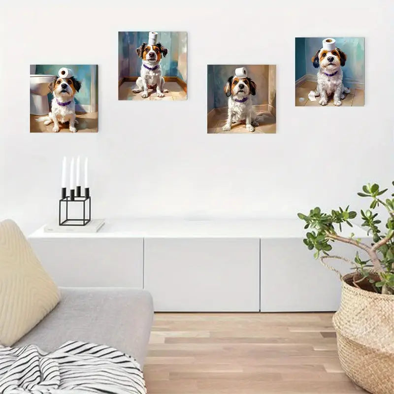 4pcs Funny Dog Toilet Paper Wall Art Canvas Framed
