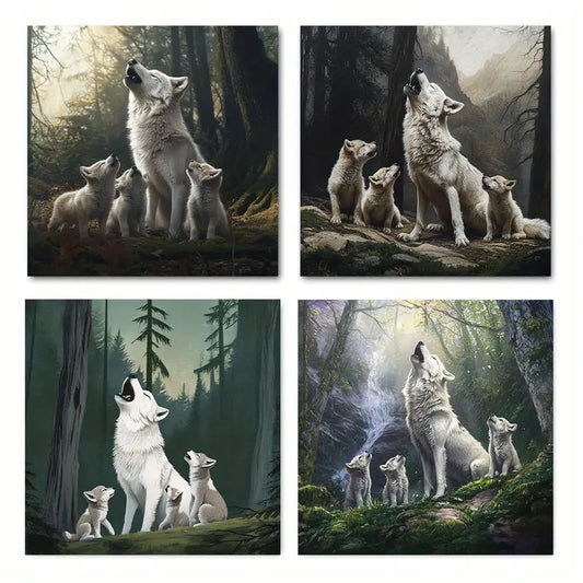 4pcs Beautiful Mother Wolf With Pup Wall Art Canvas Framed