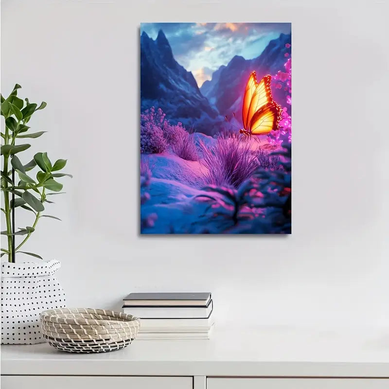 Realistic Snowy Mountain Butterfly Scene with Neon 40x60cm Metal Print Ready to Hang