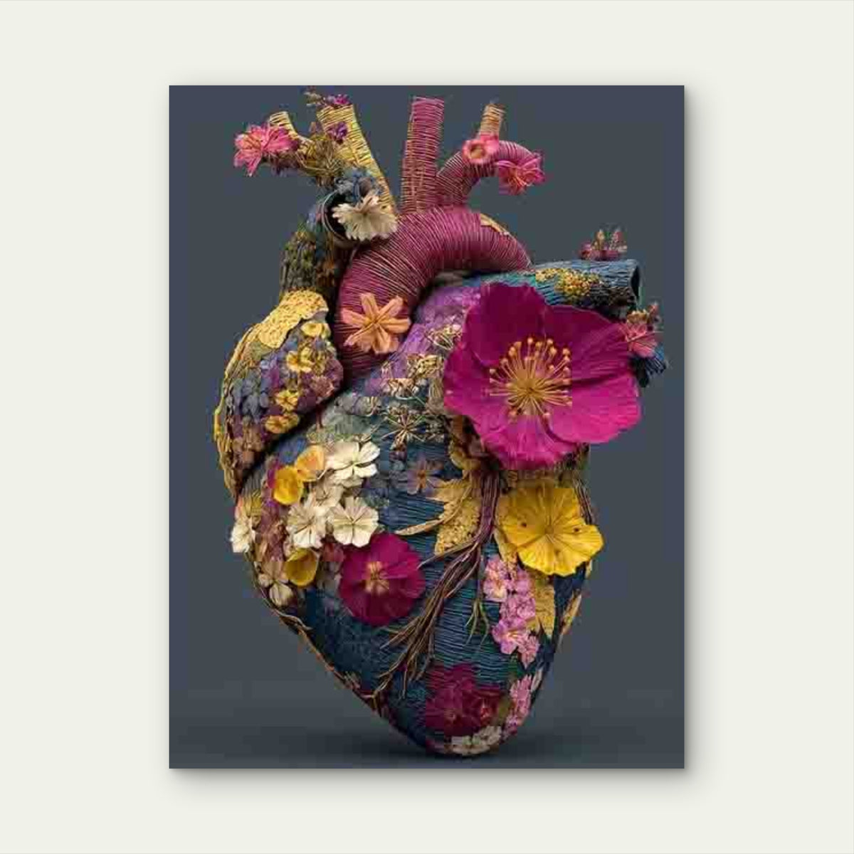 Lively Anatomical Heart with Dark Flowers Metal Print Ready to Hang