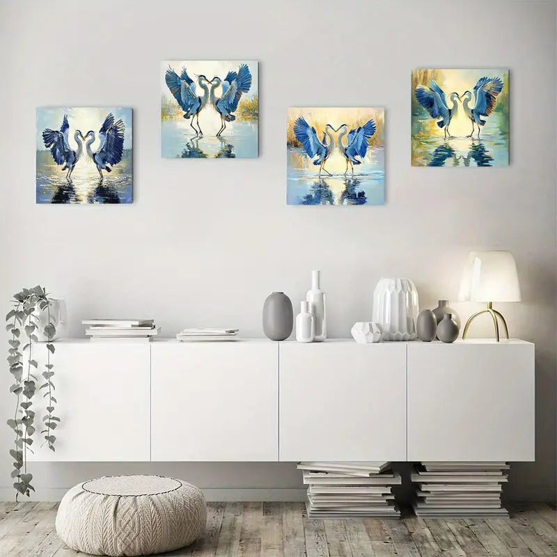 4pcs Romantic Heron Couple In Heart Form Wall Art Canvas Framed