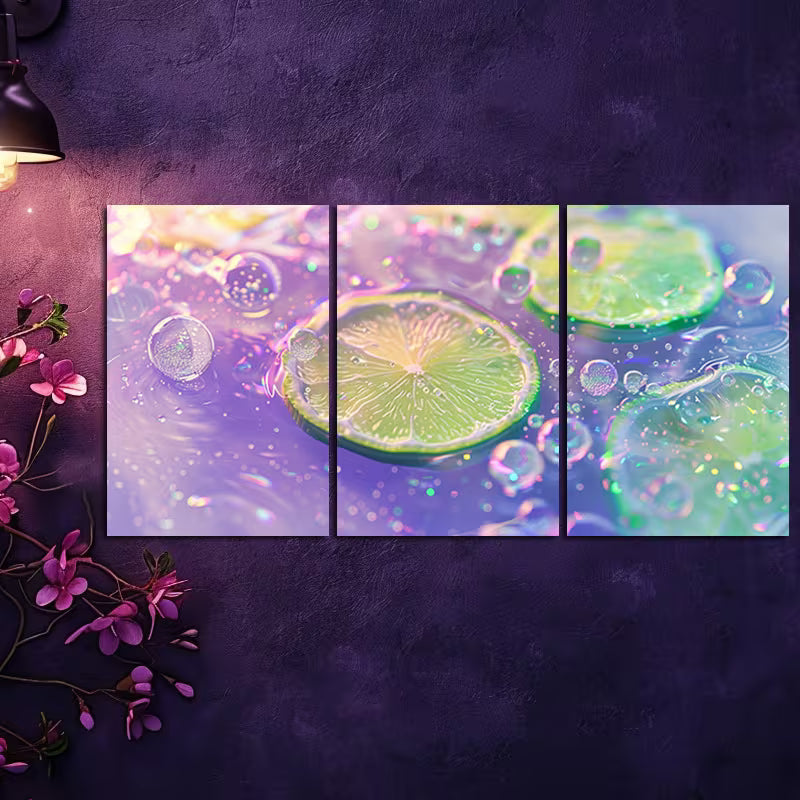 3pcs Sparkling Water and Lime Slices Close-Up Wall Art Set Canvas Framed 50x70cm - High Quality Print 100% Australian Made Wall Canvas Ready to Hang