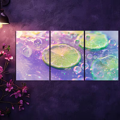 3pcs Sparkling Water and Lime Slices Close-Up Wall Art Set Canvas Framed 50x70cm - High Quality Print 100% Australian Made Wall Canvas Ready to Hang