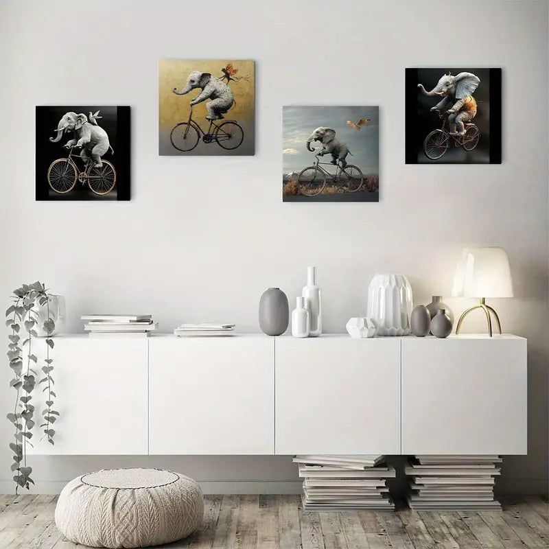 4pcs Whimsical Elephant On Bicycle  Wall Art Canvas Framed
