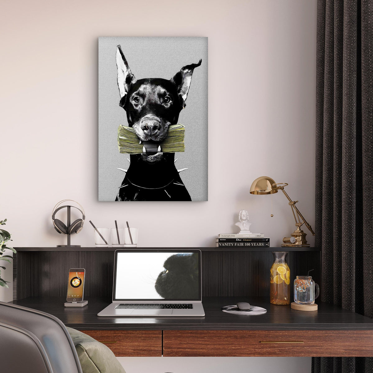 Doberman Spiked Collar Cash Money Stack 60x90cm Metal Print Ready to Hang