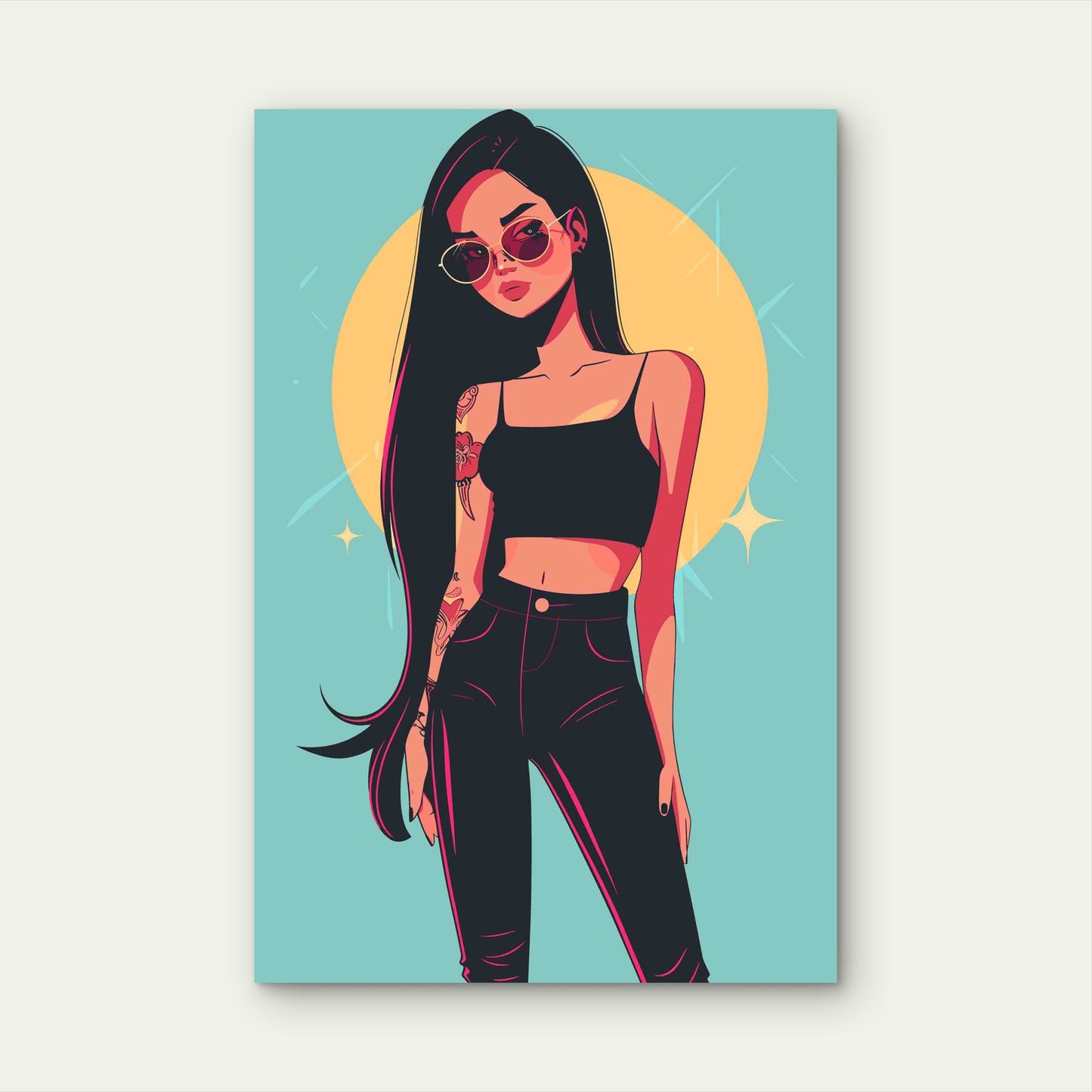 Stylish Pop Art Illustration Of A Girl In Black Cloth Metal Print Ready to Hang