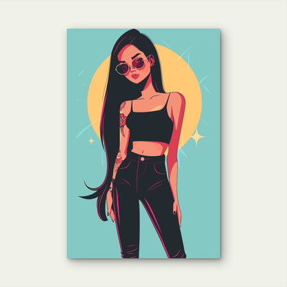 Stylish Pop Art Illustration Of A Girl In Black Cloth Metal Print Ready to Hang