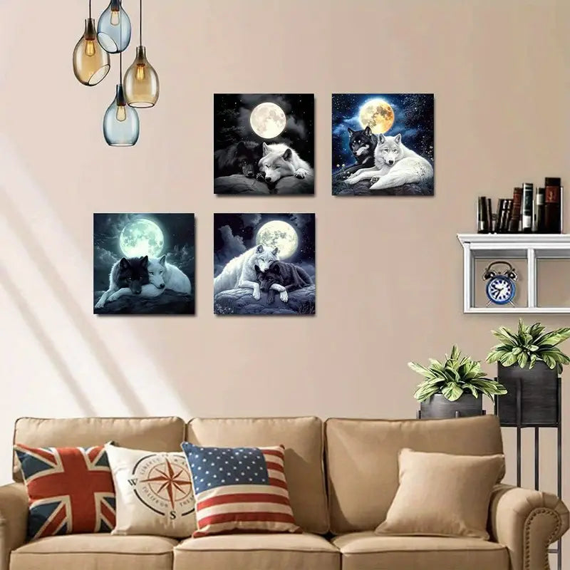4pcs Moon Black And White Wolf theme  Wall Art Canvas Framed