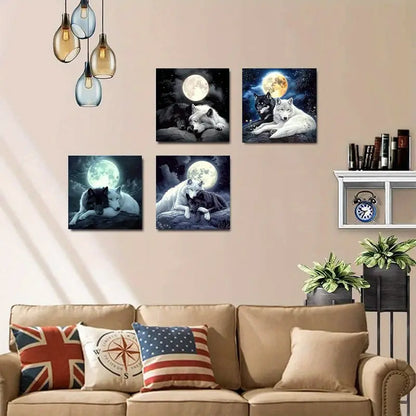 4pcs Moon Black And White Wolf theme  Wall Art Canvas Framed