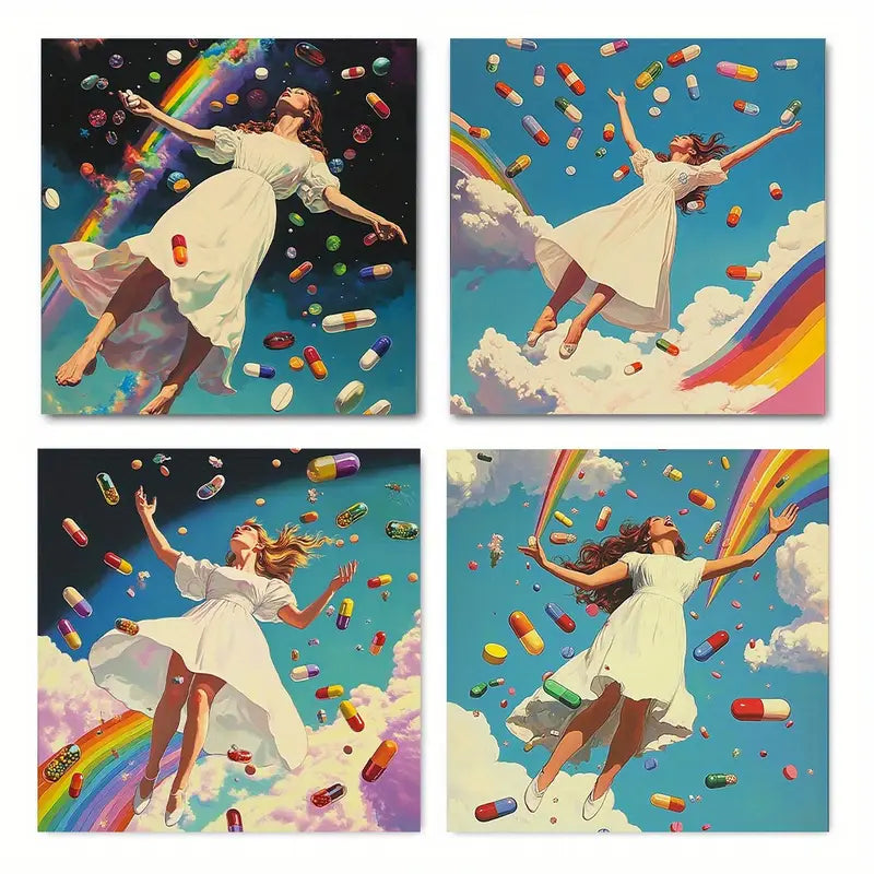 4pcs Abstract Happy Forever Wall Art Canvas Framed