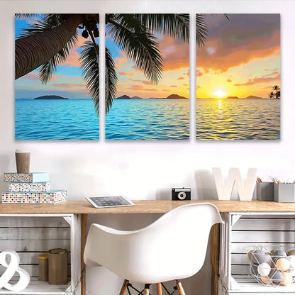 3pcs Tropical Beach Sunset Palm Ocean View Wall Art Set Canvas Framed 50x70cm - High Quality Print 100% Australian Made Wall Canvas Ready to Hang