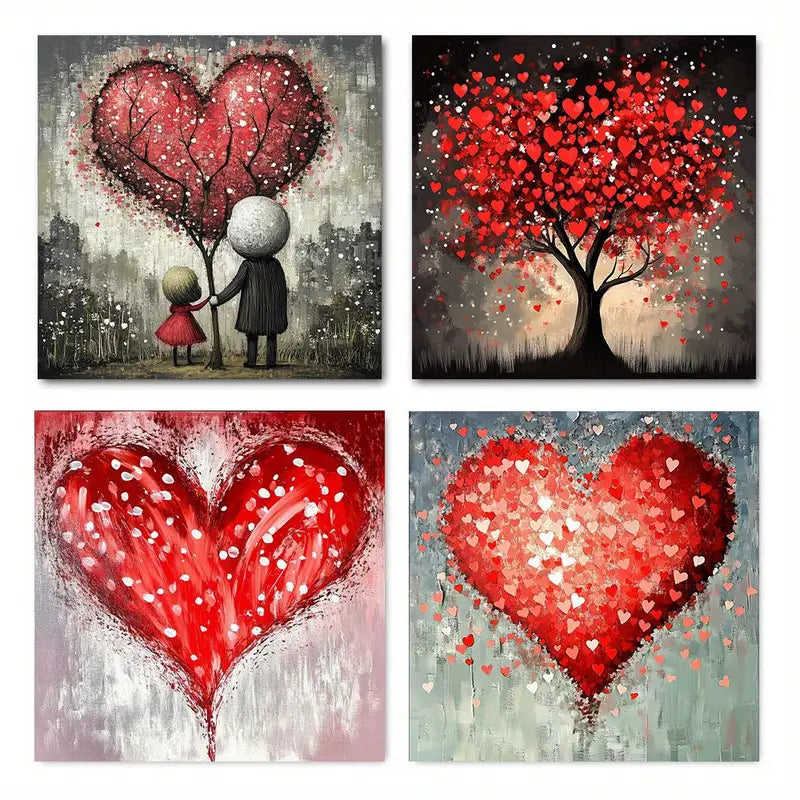 4pcs Red Love Tree Heart With Floral Wall Art Canvas Framed
