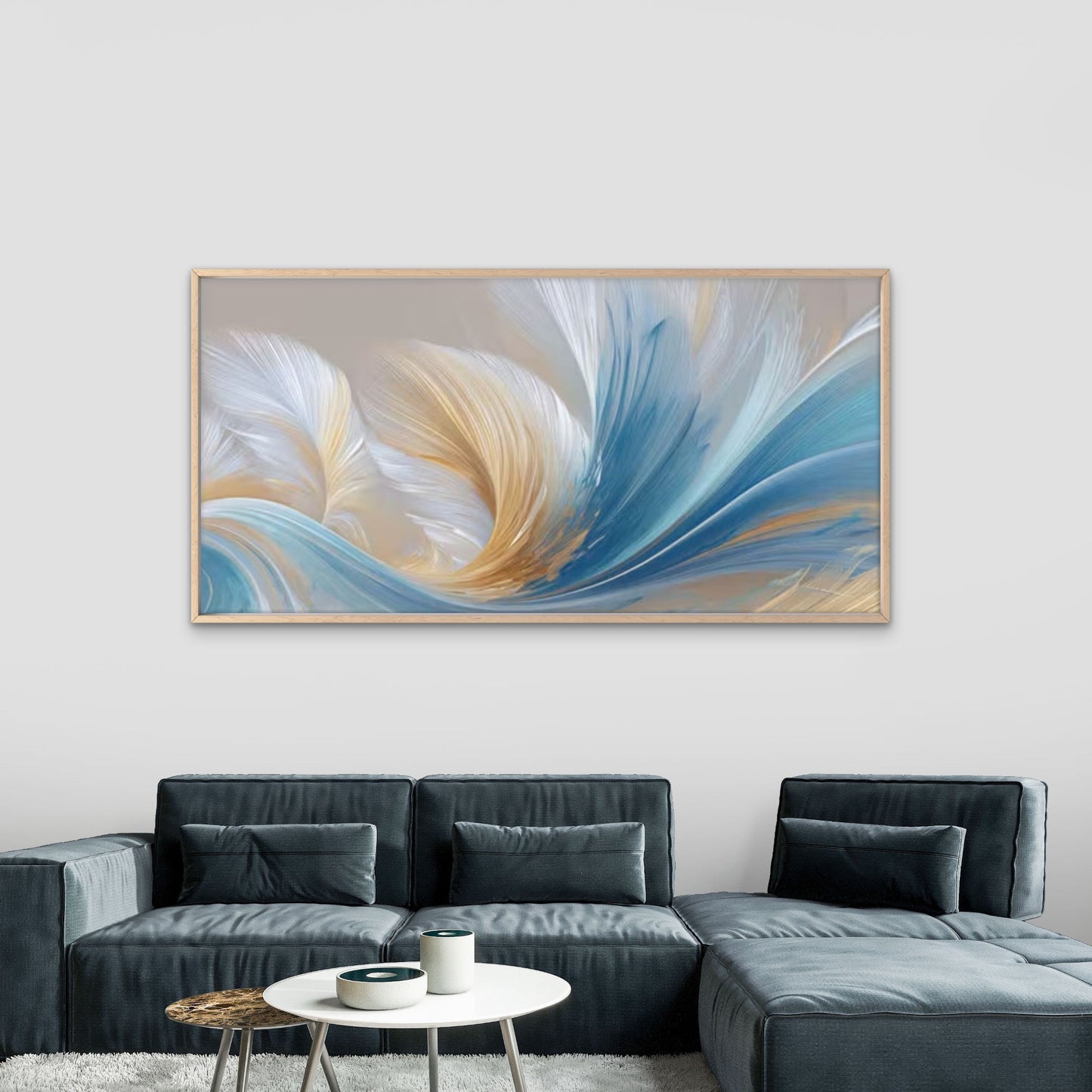 Golden & Blue Feather Abstract Wall Art Canvas Office Home Room Framed 120x60cm