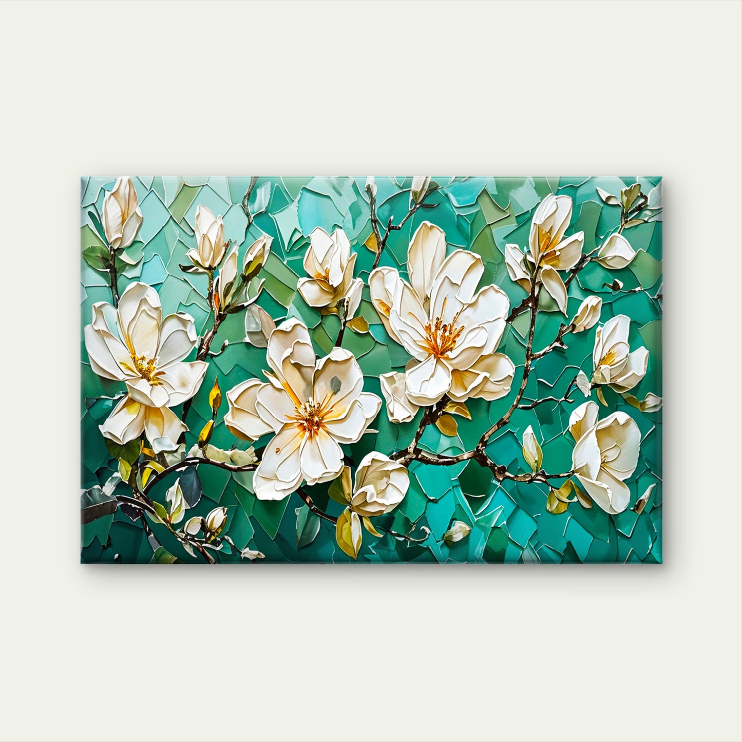 White Flower Branch Green Painting Wall Art Decor 100% Australian Made