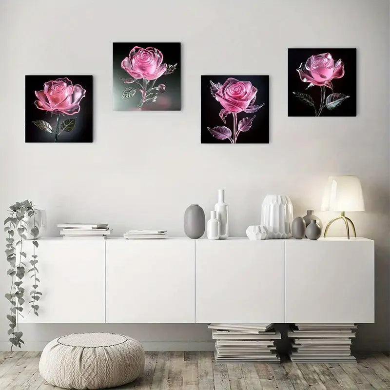 4pcs Pink Ros Art Deco Classic Retro Style Wall Art Canvas Framed