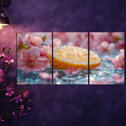 3pcs Sliced lemon in water with Florals Wall Art Set Canvas Framed 40x60cm - High Quality Print 100% Australian Made Wall Canvas Ready to Hang