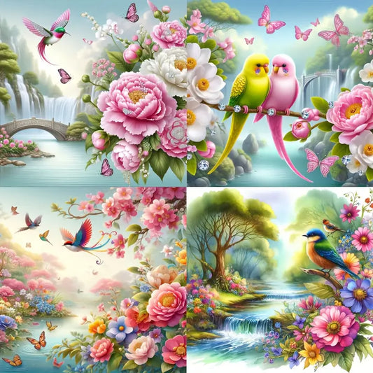 4pcs Beginner Spring Bird Flower Wall Art Canvas Framed
