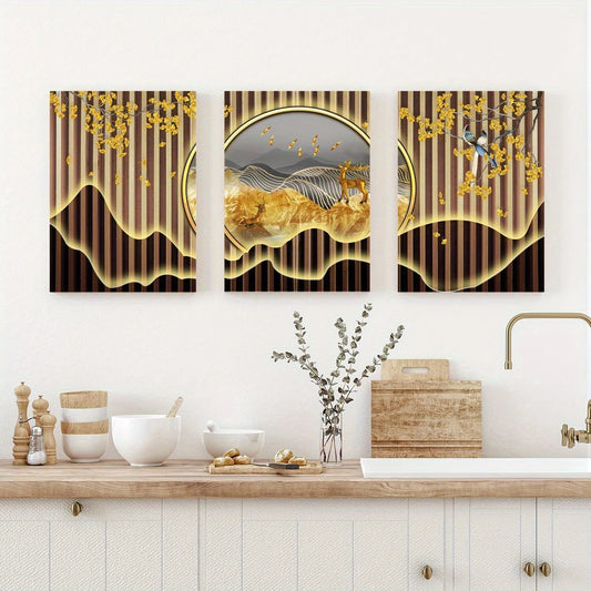 3pcs Rich Deer, Golden Leaves & Birds Mountain Metal Print Ready to Hang Art