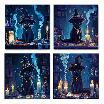 4pcs  Cute Witch Cat Poster Modern gh    Wall Art Canvas Framed