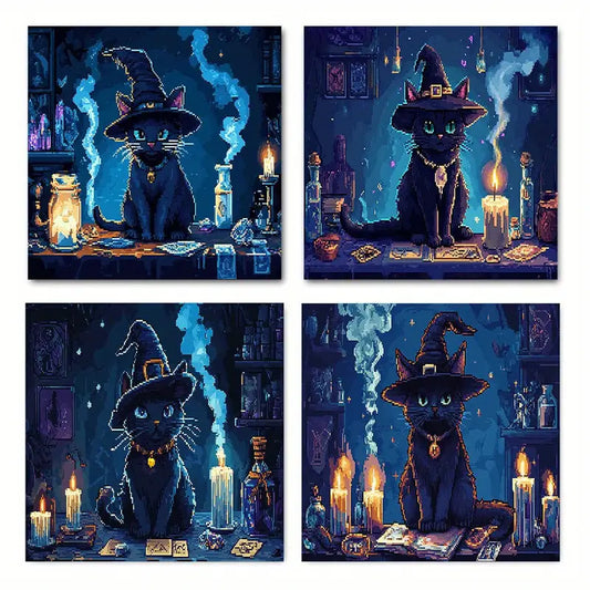4pcs  Cute Witch Cat Poster Modern gh    Wall Art Canvas Framed