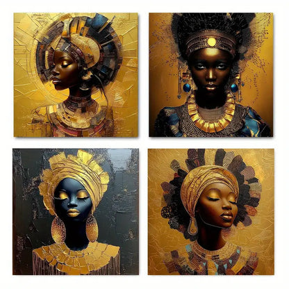 4pcs Golden Decorated Portraits Of Women Wall Art Canvas Framed