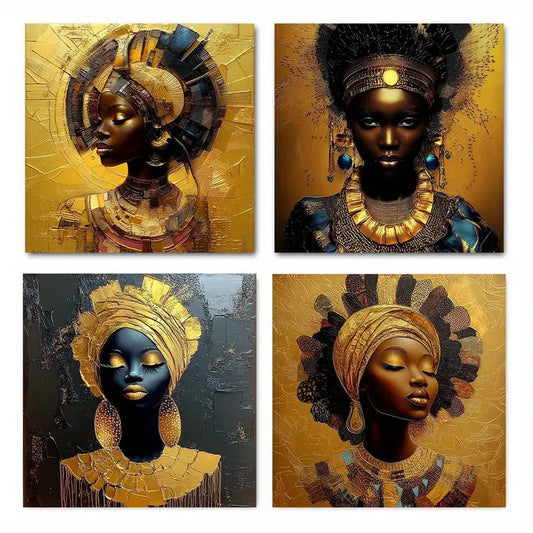 4pcs Golden Decorated Portraits Of Women Wall Art Canvas Framed