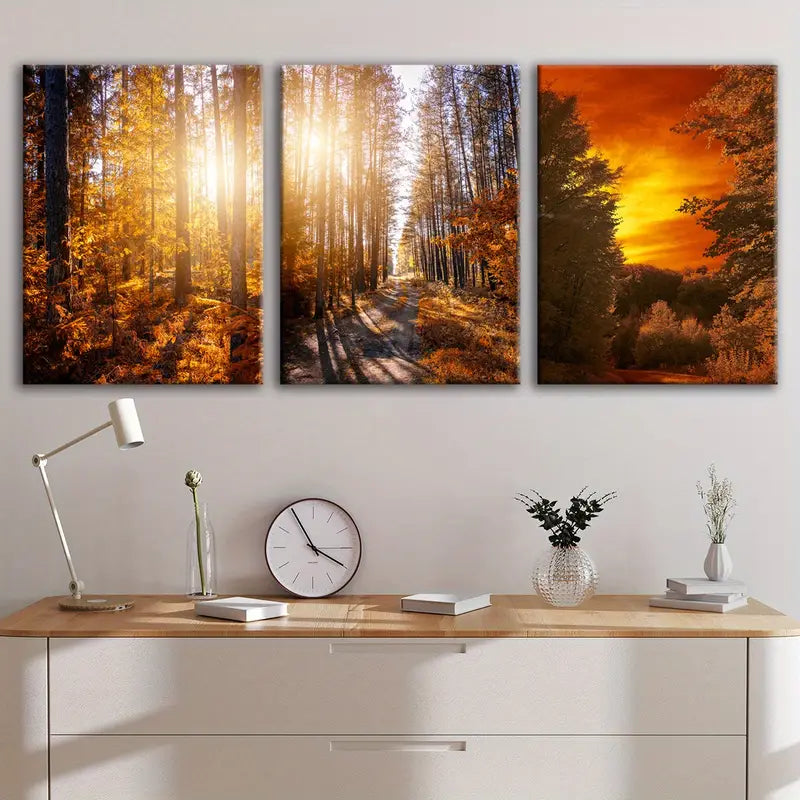 3pcs Autumn Sunset Forest Landscape Wall Art Set Canvas Framed 60x90cm - High Quality Print 100% Australian Made Wall Canvas Ready to Hang