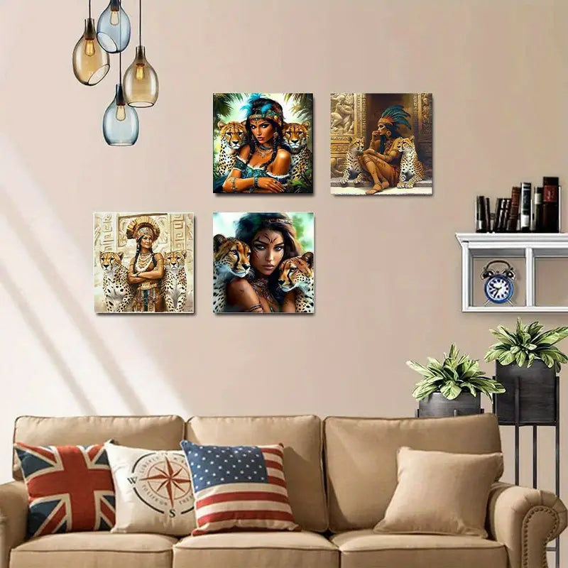 4pcs Traditional Ethnic Women And Leopard Wall Art Canvas Framed