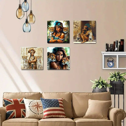 4pcs Traditional Ethnic Women And Leopard Wall Art Canvas Framed