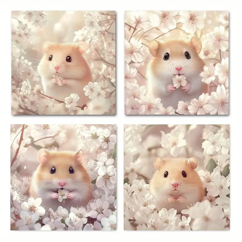 .4pcs  Cute Hamster in Floral Wreath HW  Wall Art Canvas Framed