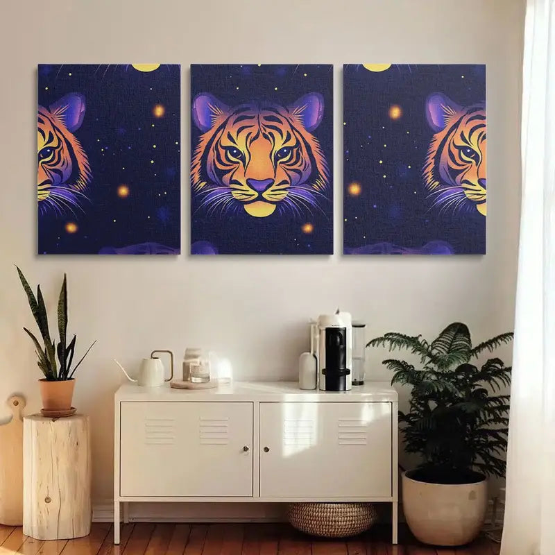 3pcs Vibrant Tiger Pattern Design with Golden Accents Metal Print Ready to Hang Art