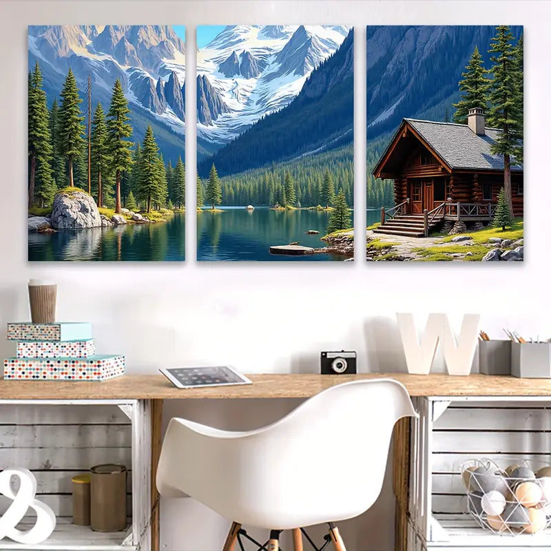 3pcs Mountain Cabin Lake and Snow Scene Art Wall Art Set Canvas Framed 60x90cm - High Quality Print 100% Australian Made Wall Canvas Ready to Hang