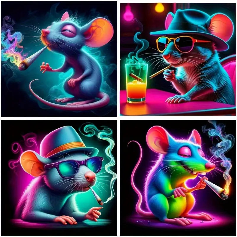 4pcs Smoking Colorful Mouse Animal Design Wall Art Canvas Framed