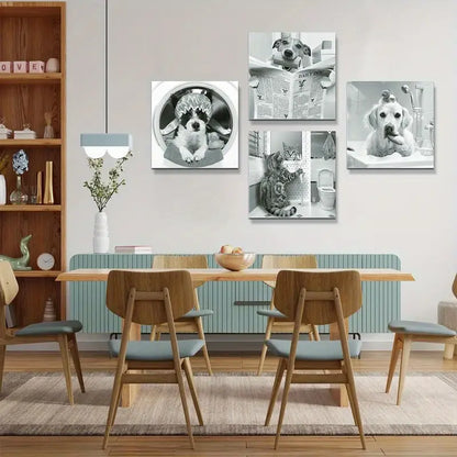 4pcs Black & White Dog In Shower Wall Art Canvas Framed
