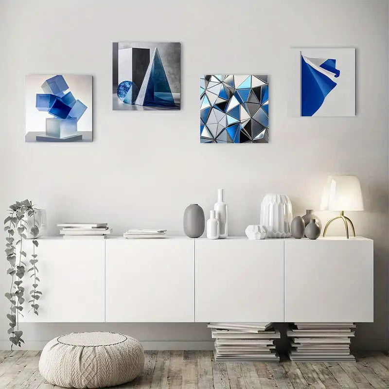 4pcs  Abstract Blue and White   Wall Art Canvas Framed