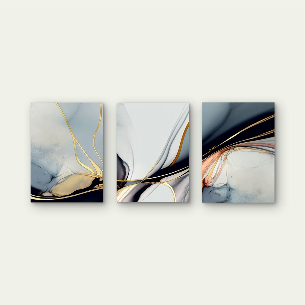 3pcs Navy Blue Gray Gold Ink Abstract Wall Art Set Canvas Framed 50x70cm - High Quality Print 100% Australian Made Wall Canvas Ready to Hang