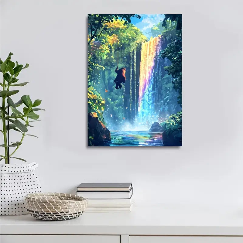 Cartoon Gorilla Swinging from Trees Waterfall with Rainbow 40x60cm Metal Print Ready to Hang