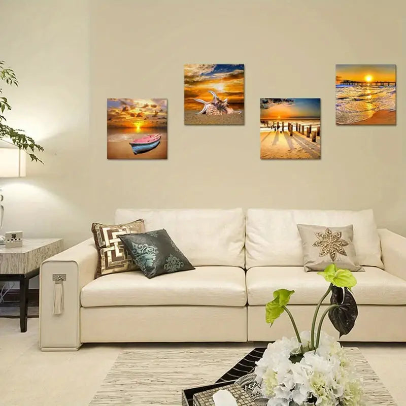 4pcs Holiday Art Ocean Sunset  Art Canvas Framed